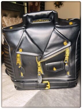 Leather-Style Large Backpack with Gold Hardware Motorcycle chic